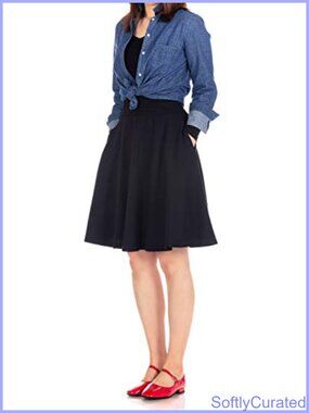 High Waisted Cotton Blend A-Line Flare Knee Length Skirt with Pockets